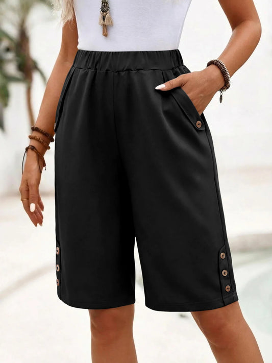 Effortless Bermuda Shorts for Women with High Waist Elastic Button Trim Relaxed Casual Style