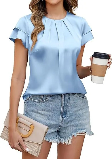 Elegant Satin Blouse for Women with Round Neck Pleated Ruffle Cap Sleeve Relaxed Style