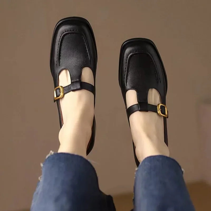 Elegant Leather Mary Jane Loafers for Women with T Strap Buckle Square Toe Block Heel Vintage Style