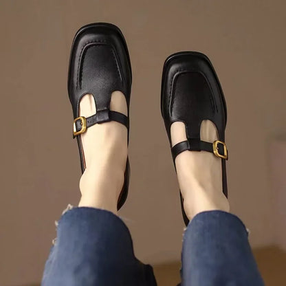 Elegant Leather Mary Jane Loafers for Women with T Strap Buckle Square Toe Block Heel Vintage Style