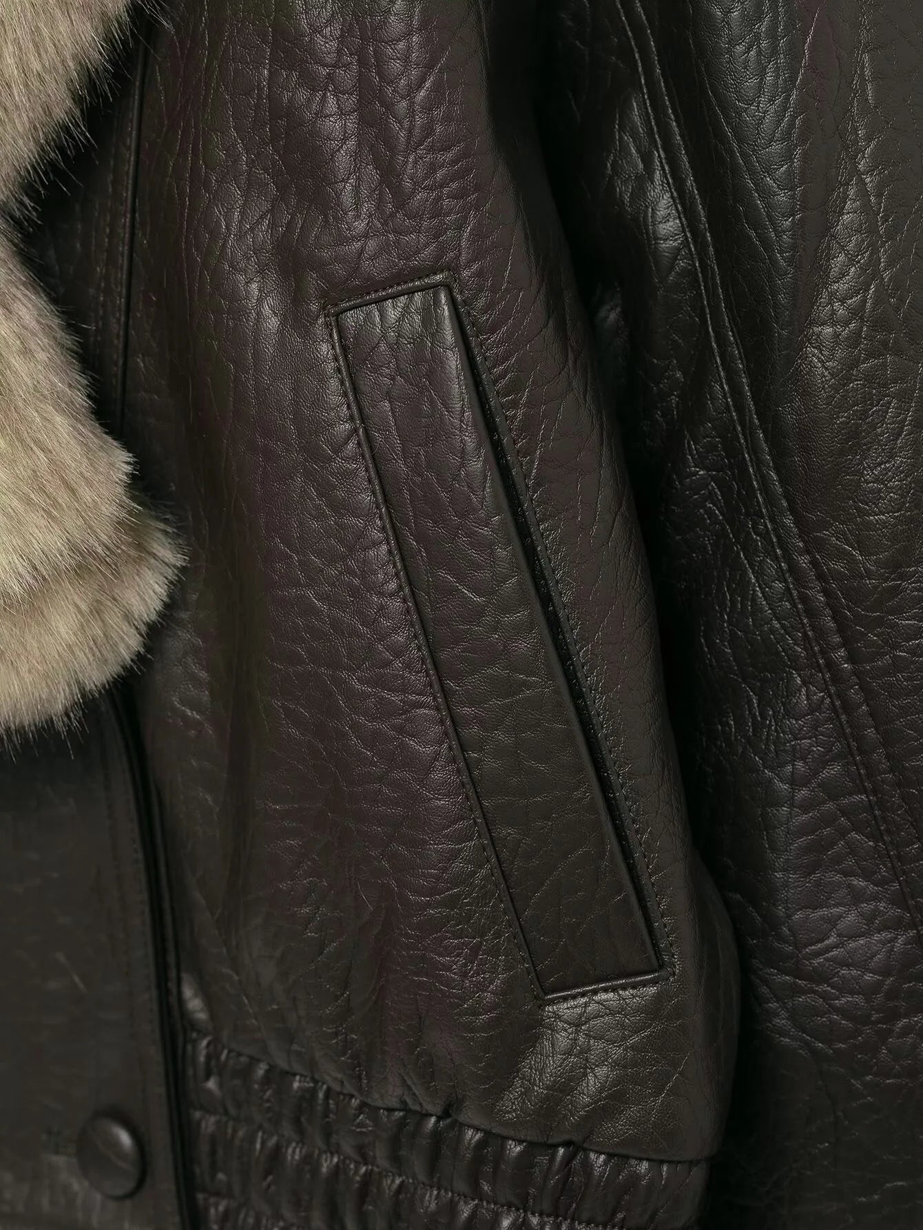 Stylish Leather Bomber Jacket for Women with Faux Fur Collar Long Sleeve Snap Button Relaxed Style