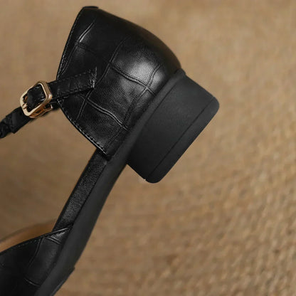Elegant Croc Embossed Leather T-Strap Flats for Women with Pointed Toe Braided Strap Block Heel Style