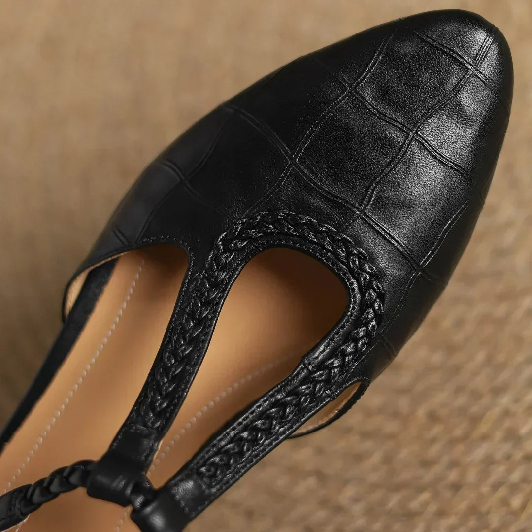 Elegant Croc Embossed Leather T-Strap Flats for Women with Pointed Toe Braided Strap Block Heel Style