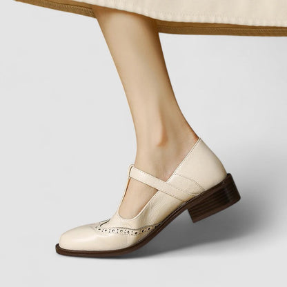 Elegant Leather Mary Jane Shoe for Women with T Strap Buckle Wingtip Brogue Style