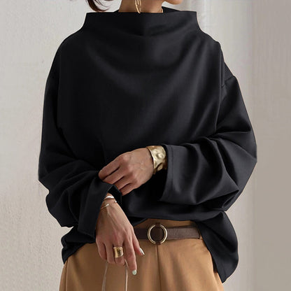 Comfortable Oversized Blouse for Women with High Neck Balloon Sleeve Relaxed Knit Style