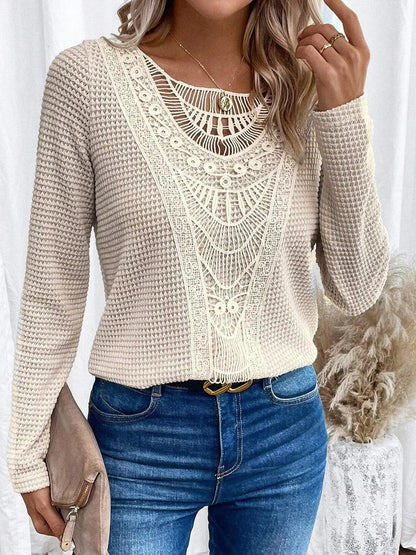 Effortless Waffle Knit Blouse for Women with Crochet Lace Long Sleeve Relaxed Boho Style