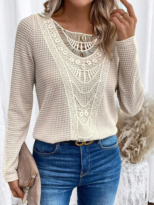Effortless Waffle Knit Blouse for Women with Crochet Lace Long Sleeve Relaxed Boho Style