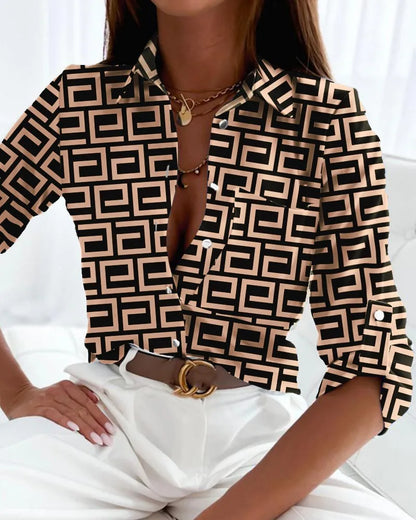 Elegant Abstract Print Blouse for Women with Collar Long Sleeve Button Front Relaxed Silky Style