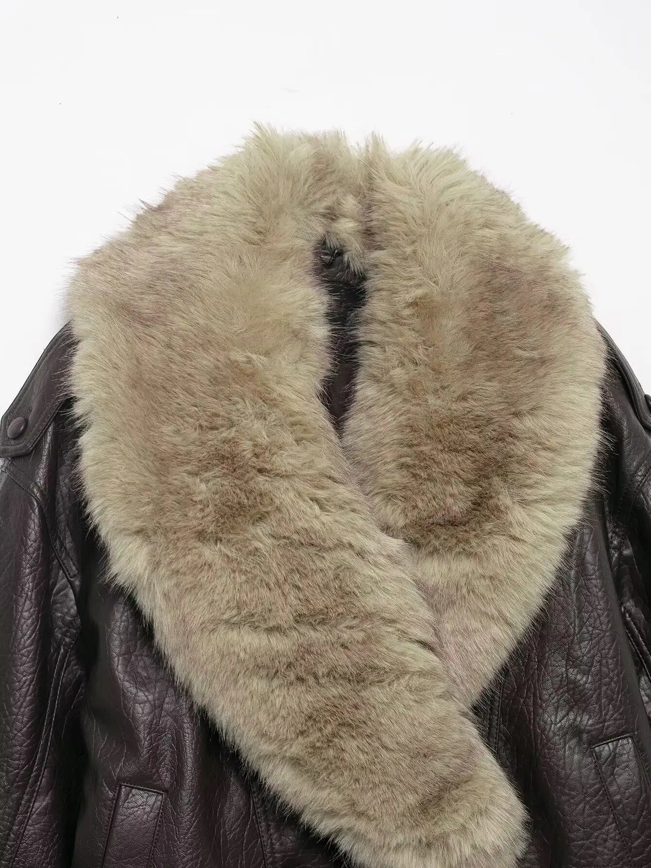 Stylish Leather Bomber Jacket for Women with Faux Fur Collar Long Sleeve Snap Button Relaxed Style