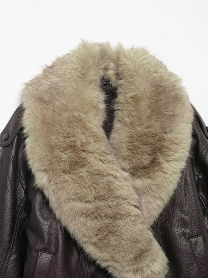 Stylish Leather Bomber Jacket for Women with Faux Fur Collar Long Sleeve Snap Button Relaxed Style