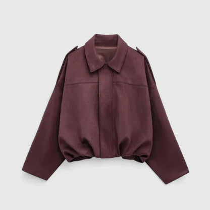 Effortless Suede Cropped Jacket for Women with Collar Long Sleeve Bubble Hem Oversized Relaxed Style