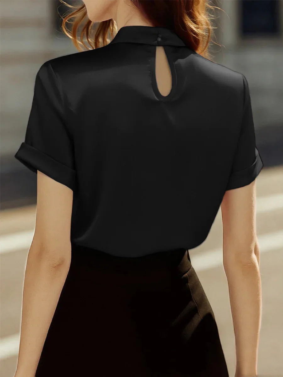 Elegant Satin Blouse for Women with Keyhole Tie Neck Cuffed Short Sleeve Silky Style
