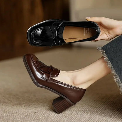 Elegant Patent Leather Tassel Loafer for Women with Block Heel Bow Fringe Detail Classic Style