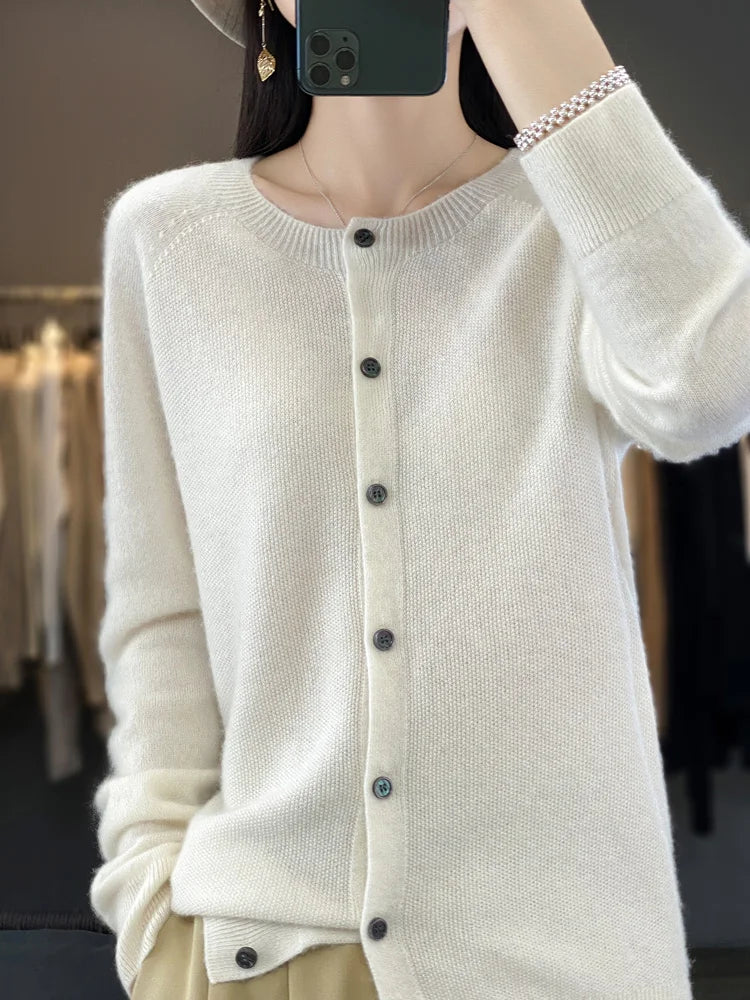 Comfortable Cardigan Sweater for Women with Round Neck Long Sleeve Button Front Relaxed Knit Style