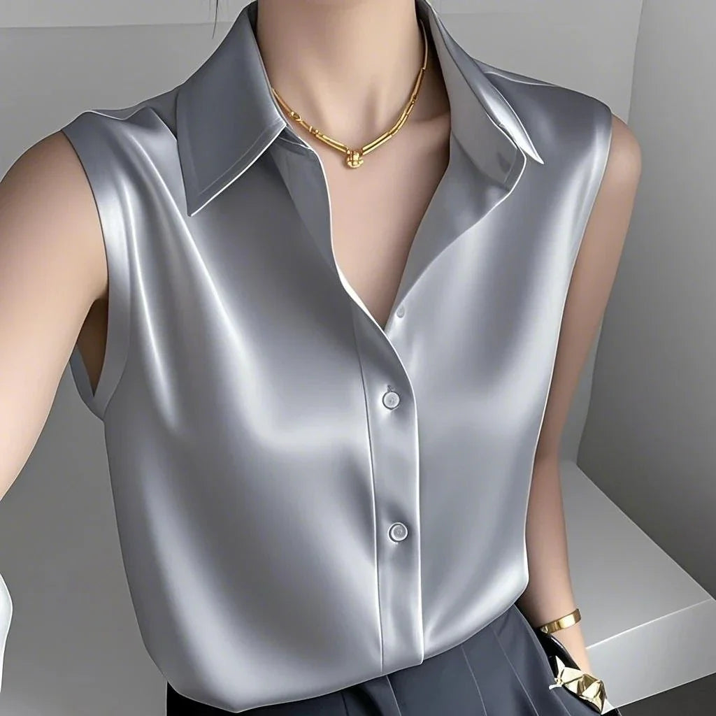 Elegant Satin Blouse for Women with Point Collar Sleeveless Button Front Silky Style