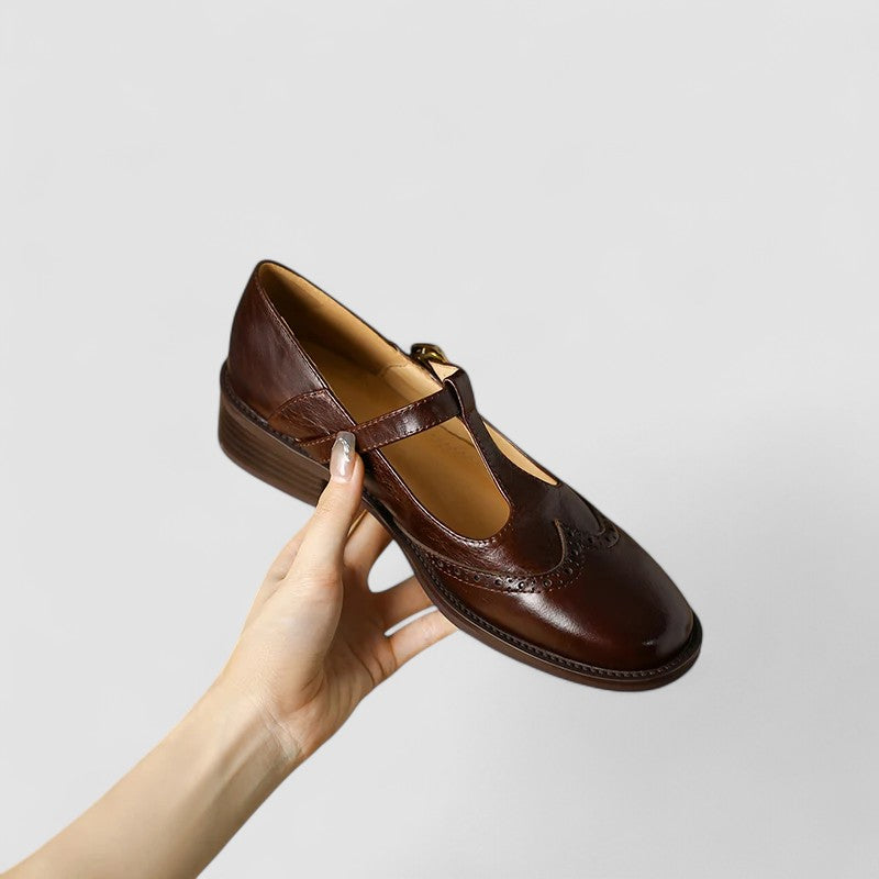 Elegant Leather Mary Jane Shoe for Women with T Strap Buckle Wingtip Brogue Style