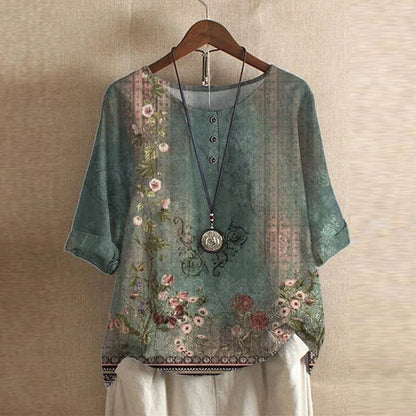Effortless Patchwork Print Blouse for Women with Round Neck Half Sleeve Button Detail Boho Style