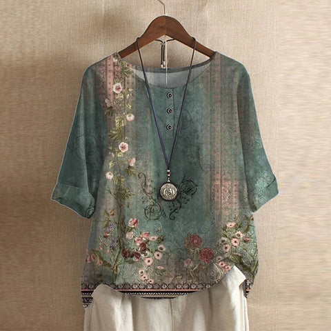 Effortless Patchwork Print Blouse for Women with Round Neck Half Sleeve Button Detail Boho Style