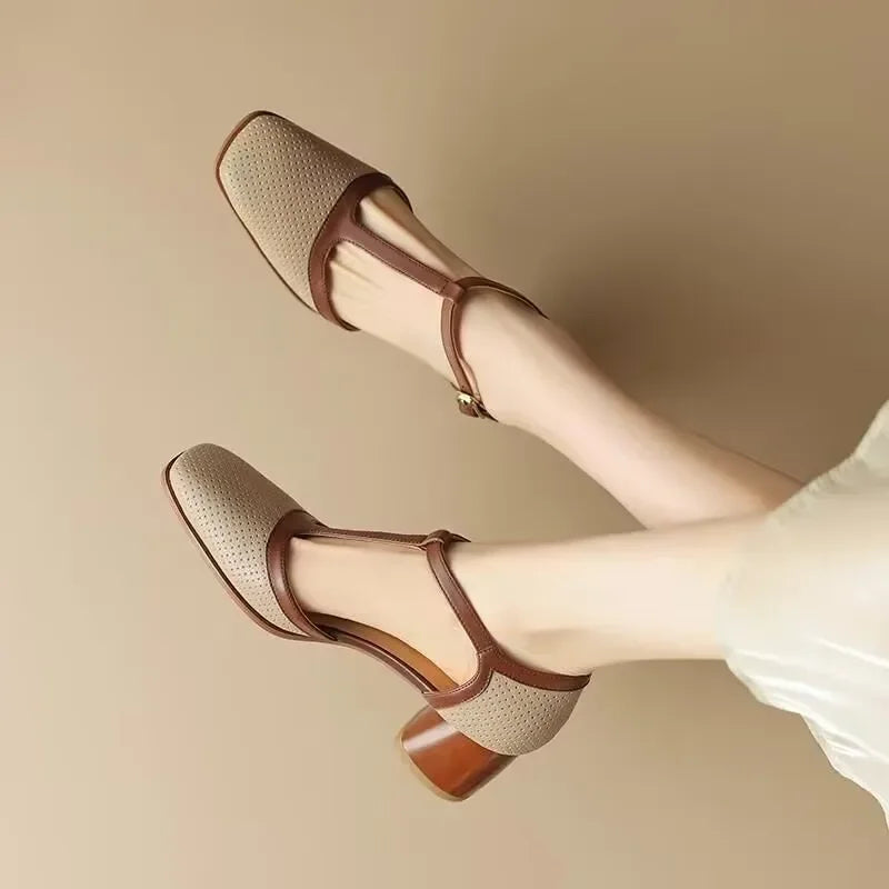 Elegant Perforated Leather Mary Jane Heels for Women with Square Toe T Strap Buckle Block Heel Style