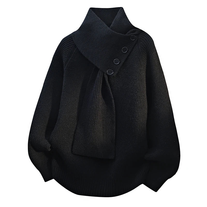 Comfortable Knit Sweater for Women with Asymmetrical Collar Batwing Sleeve Button Detail Relaxed Style