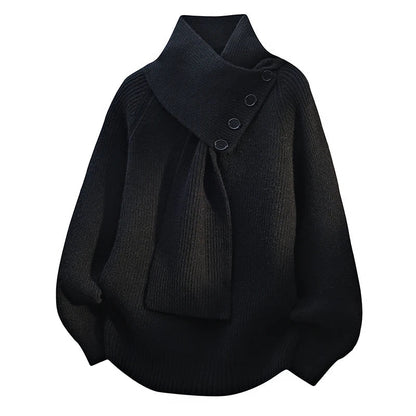 Comfortable Knit Sweater for Women with Asymmetrical Collar Batwing Sleeve Button Detail Relaxed Style