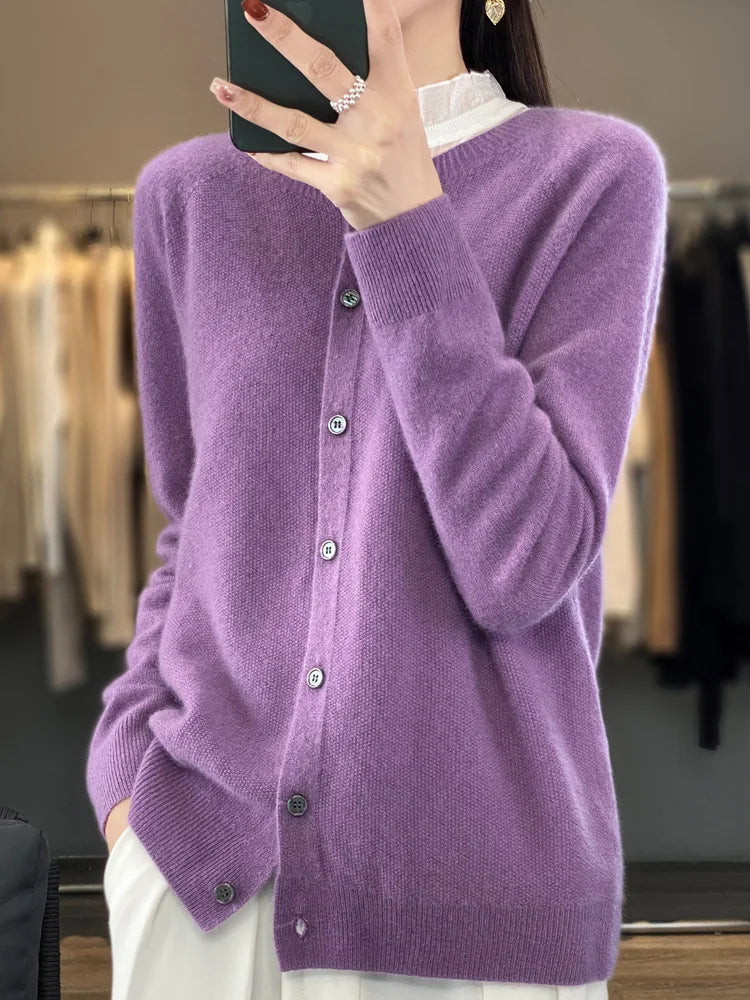 Comfortable Cardigan Sweater for Women with Round Neck Long Sleeve Button Front Relaxed Knit Style