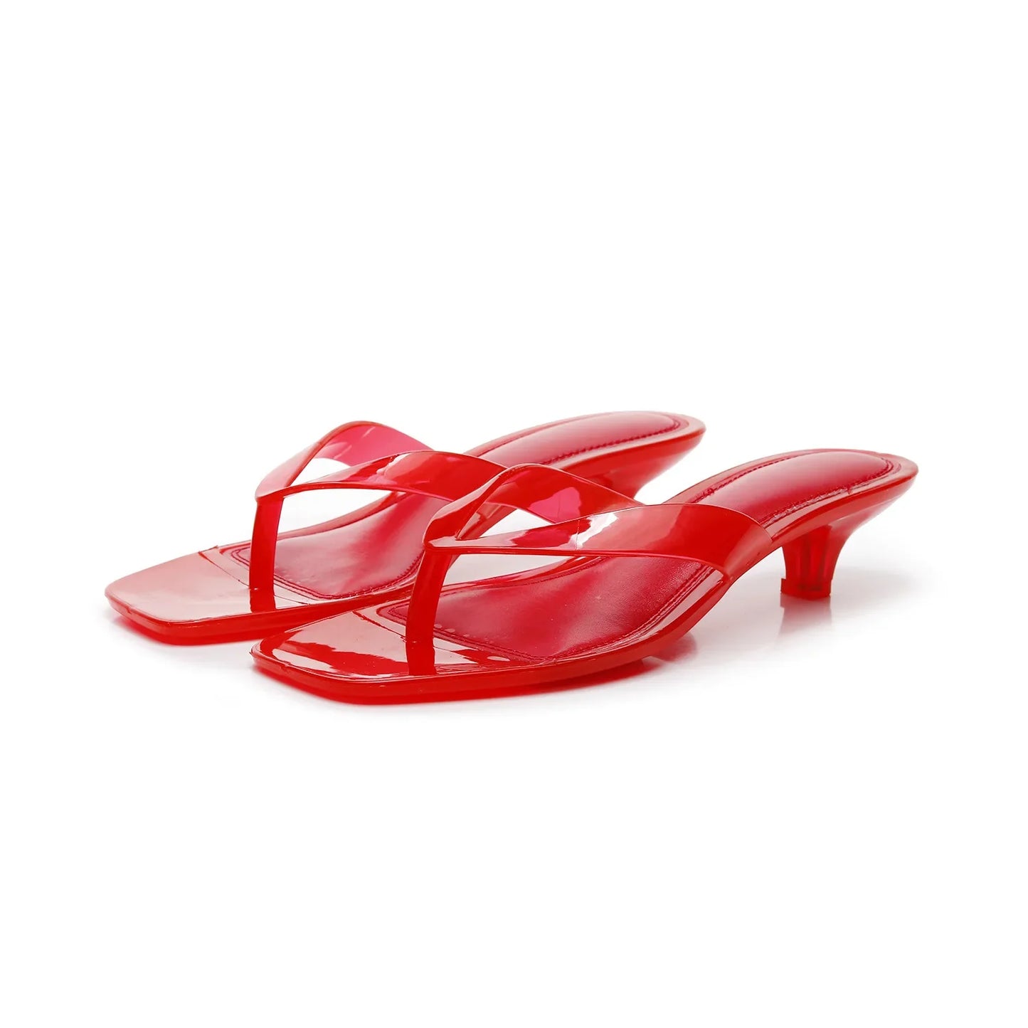 Elegant Patent Thong Sandal for Women with Square Toe Kitten Heel Slip On Style
