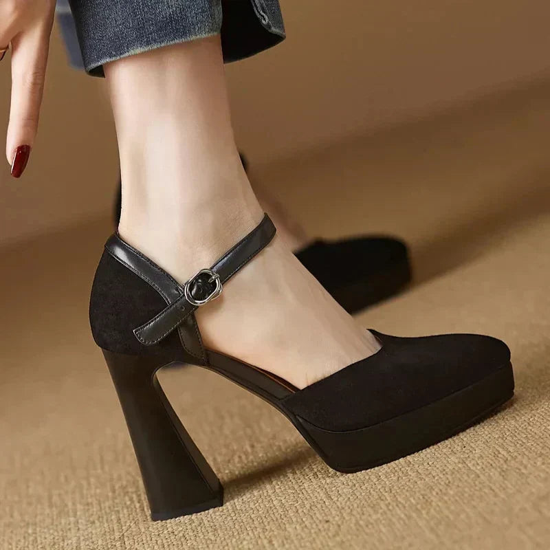 Stylish Suede Platform Pumps for Women with Mary Jane Buckle Strap Chunky Heel Style