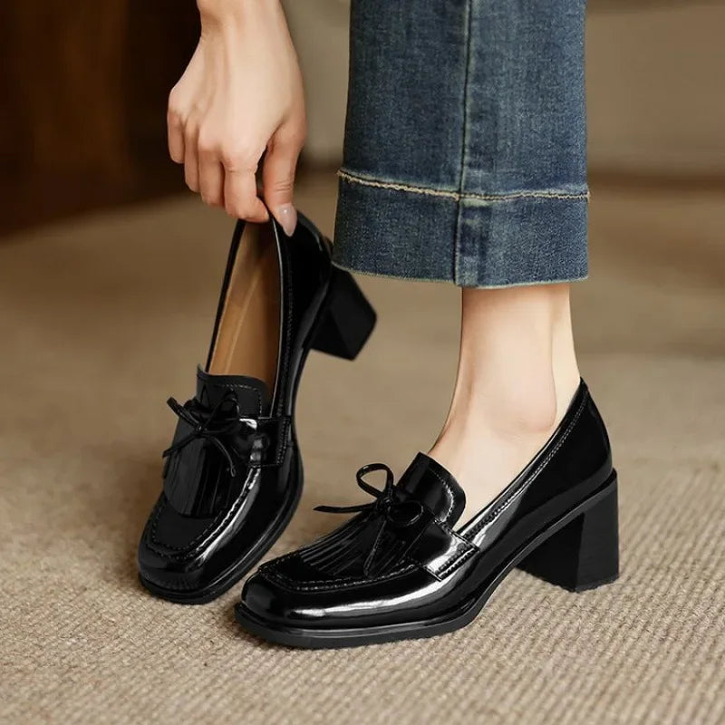 Elegant Patent Leather Tassel Loafer for Women with Block Heel Bow Fringe Detail Classic Style