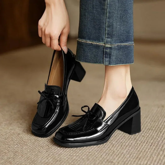 Elegant Patent Leather Tassel Loafer for Women with Block Heel Bow Fringe Detail Classic Style