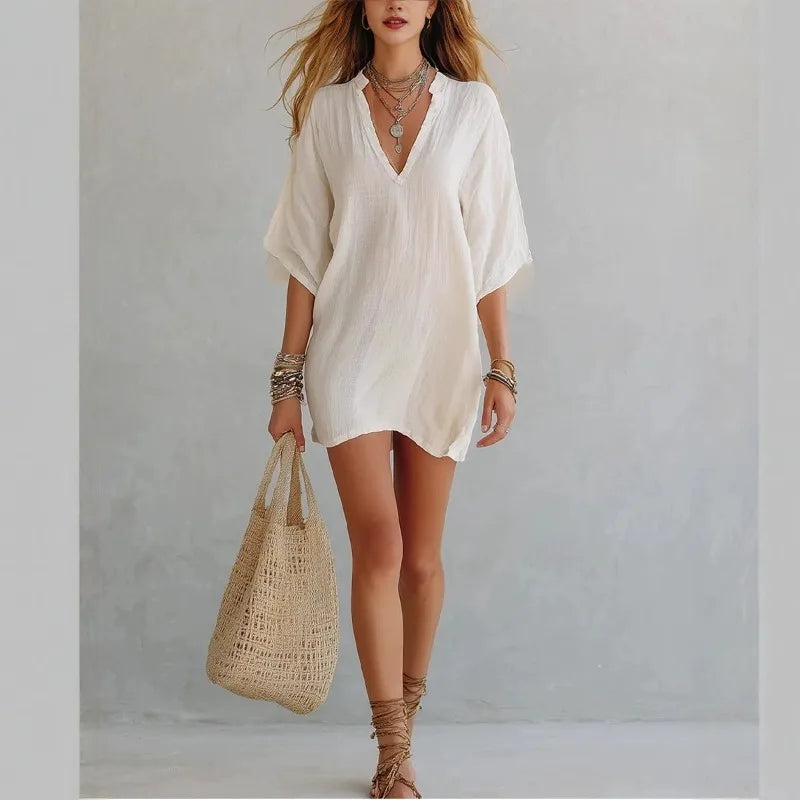 Effortless Linen Mini Dress for Women with V Neck Half Sleeve Relaxed Bohemian Style