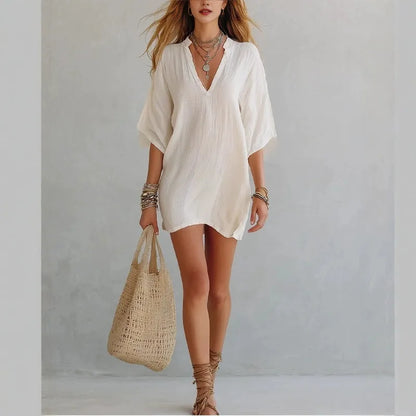 Effortless Linen Mini Dress for Women with V Neck Half Sleeve Relaxed Bohemian Style