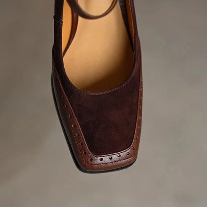 Elegant Leather Suede Mary Jane Pumps for Women with Buckle Strap Brogue Trim Block Heel Casual Style