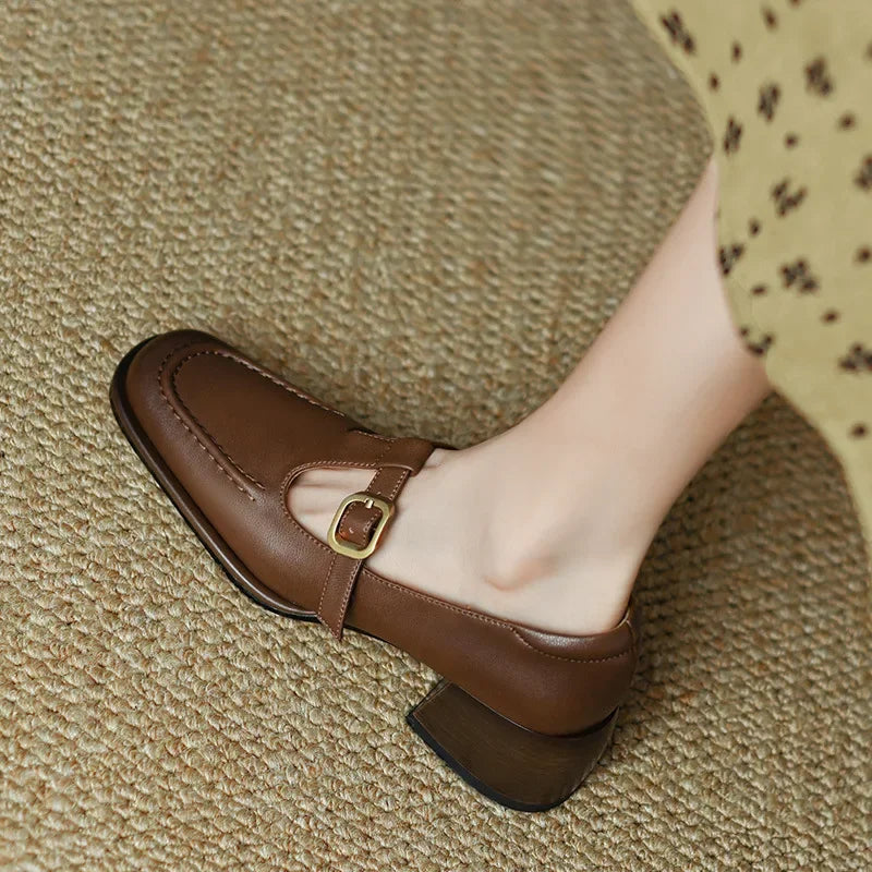 Elegant Leather Mary Jane Loafers for Women with T Strap Buckle Square Toe Block Heel Vintage Style