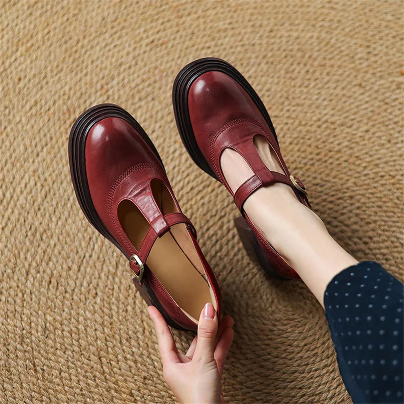 Stylish Leather Mary Jane Shoes for Women with T Strap Buckle Platform Chunky Heel Vintage Style