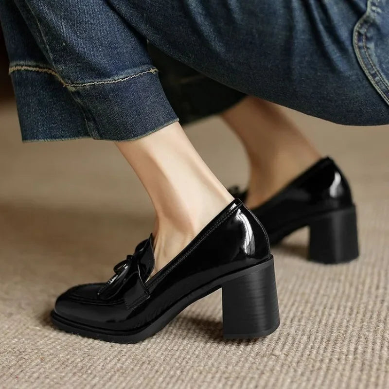 Elegant Patent Leather Tassel Loafer for Women with Block Heel Bow Fringe Detail Classic Style
