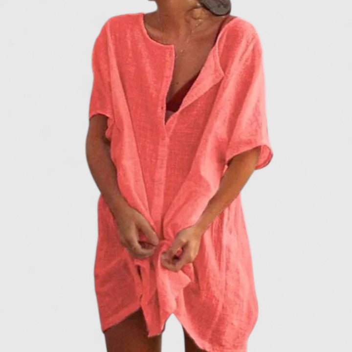 Effortless Linen Cover Up Dress for Women with V Neck Short Sleeve Button Front Relaxed Style