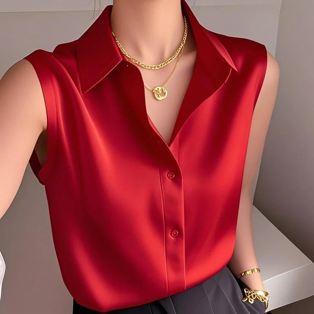 Elegant Satin Blouse for Women with Point Collar Sleeveless Button Front Silky Style
