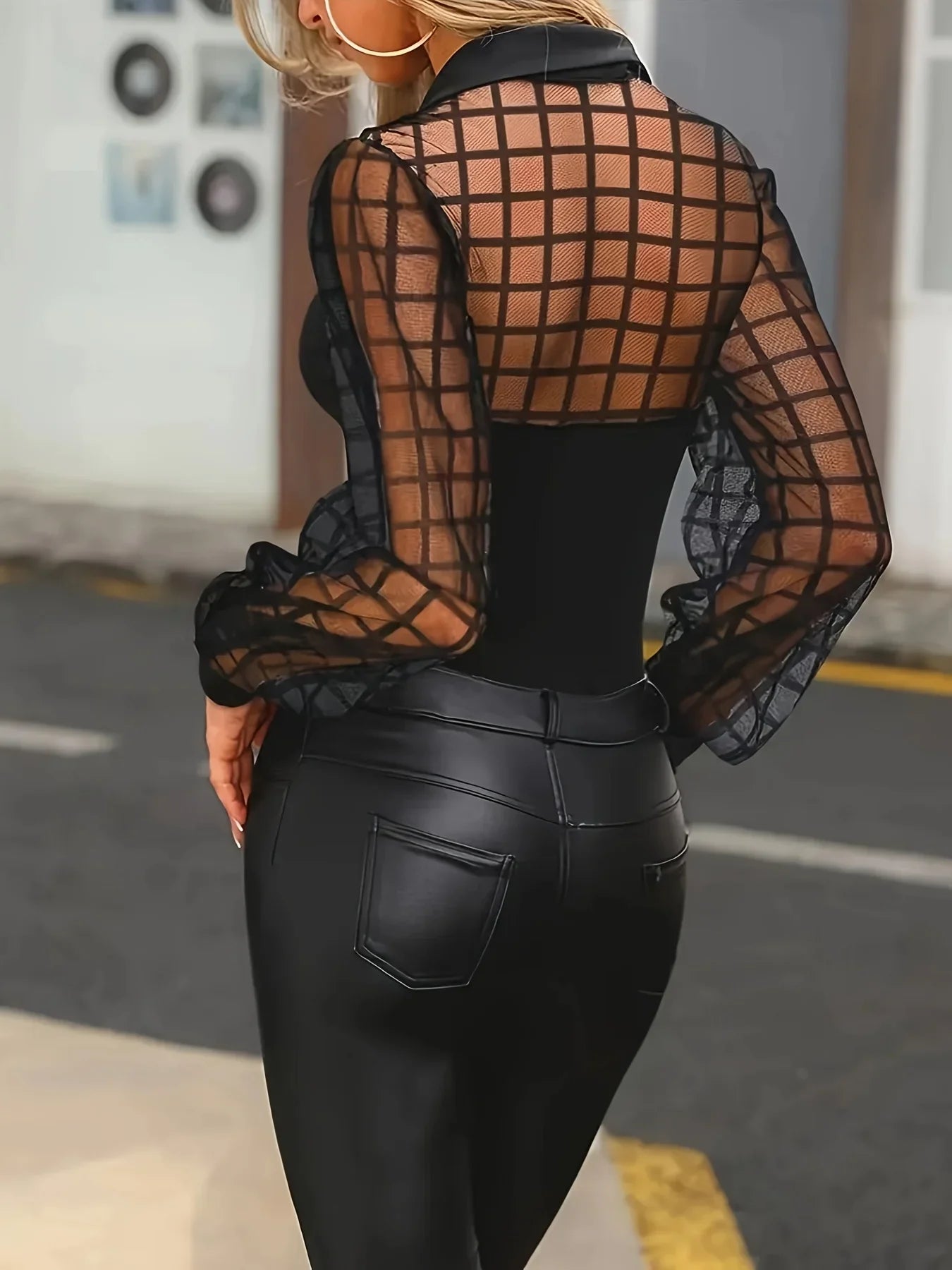 Elegant Black Mesh Blouse for Women with Collar Long Sleeve Sheer Grid Bodycon Style