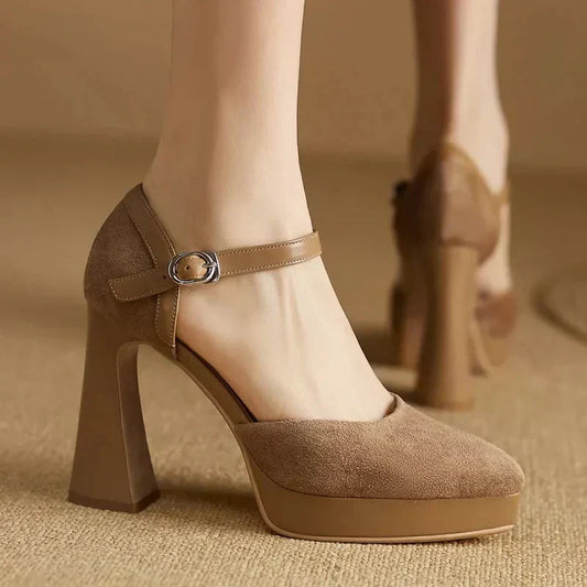 Stylish Suede Platform Pumps for Women with Mary Jane Buckle Strap Chunky Heel Style