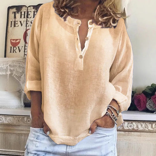 Effortless Linen Blouse for Women with V Neck Long Sleeve Button Front Relaxed Casual Style