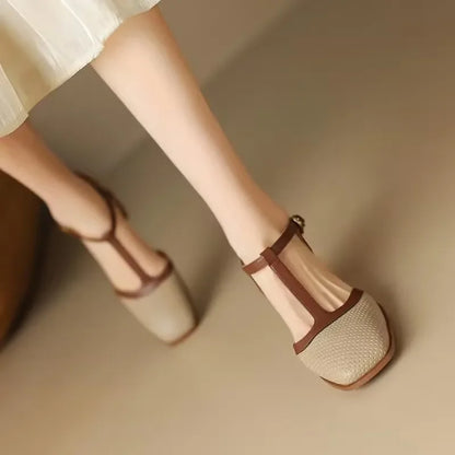 Elegant Perforated Leather Mary Jane Heels for Women with Square Toe T Strap Buckle Block Heel Style
