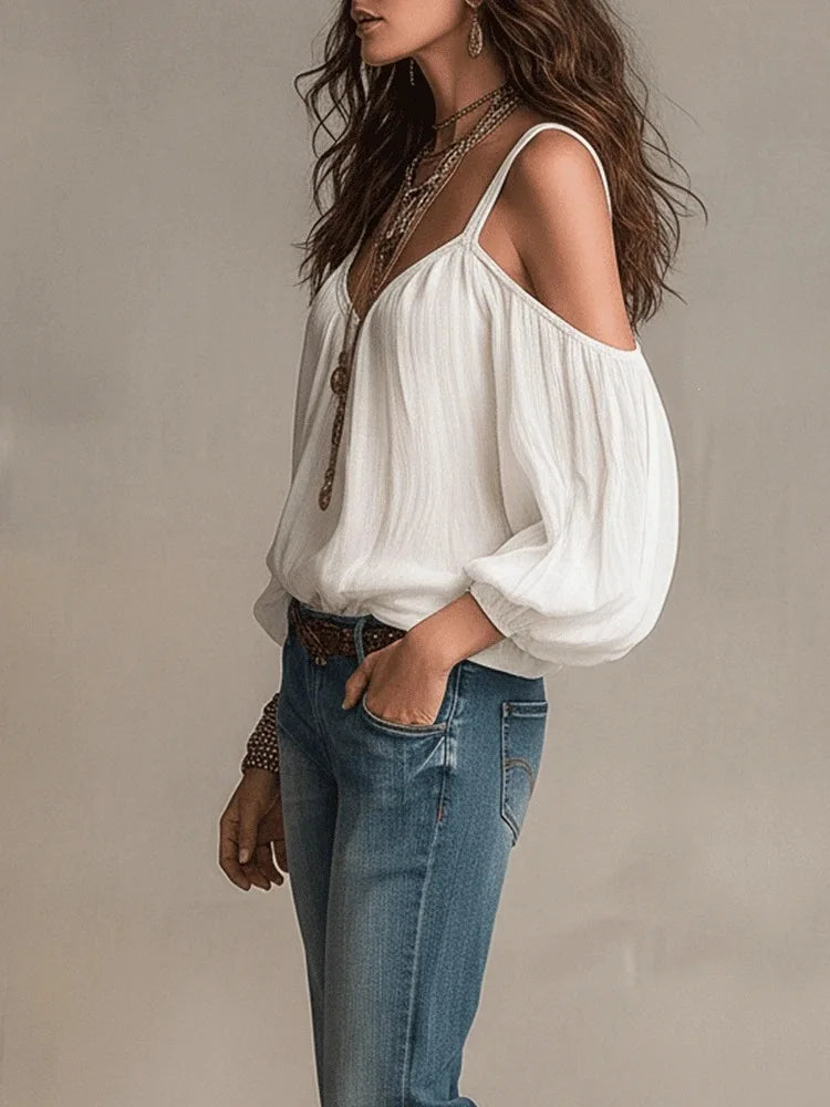 Effortless Cotton Gauze Blouse for Women with V Neck Cold Shoulder Balloon Sleeve Bohemian Style