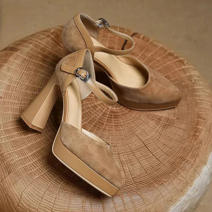 Stylish Suede Platform Pumps for Women with Mary Jane Buckle Strap Chunky Heel Style