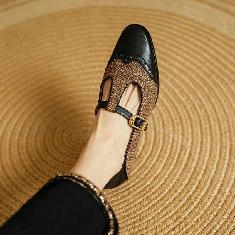 Elegant Tweed Mary Jane Flat for Women with T Strap Buckle Brogue Wingtip Style