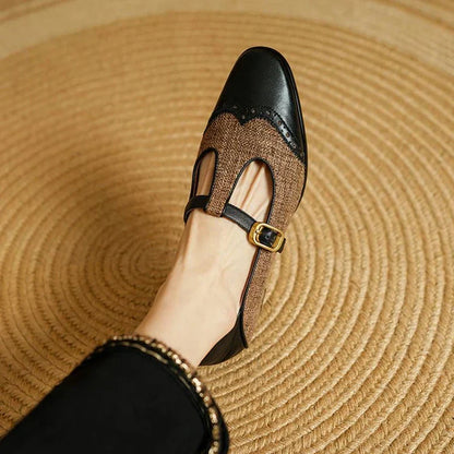 Elegant Tweed Mary Jane Flat for Women with T Strap Buckle Brogue Wingtip Style