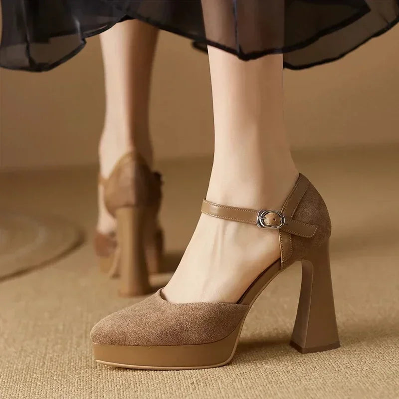 Stylish Suede Platform Pumps for Women with Mary Jane Buckle Strap Chunky Heel Style