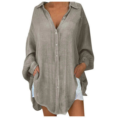 Effortless Linen Button Down Blouse for Women with Collar Long Sleeve Oversized High Low Relaxed Style