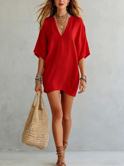Effortless Linen Mini Dress for Women with V Neck Half Sleeve Relaxed Bohemian Style