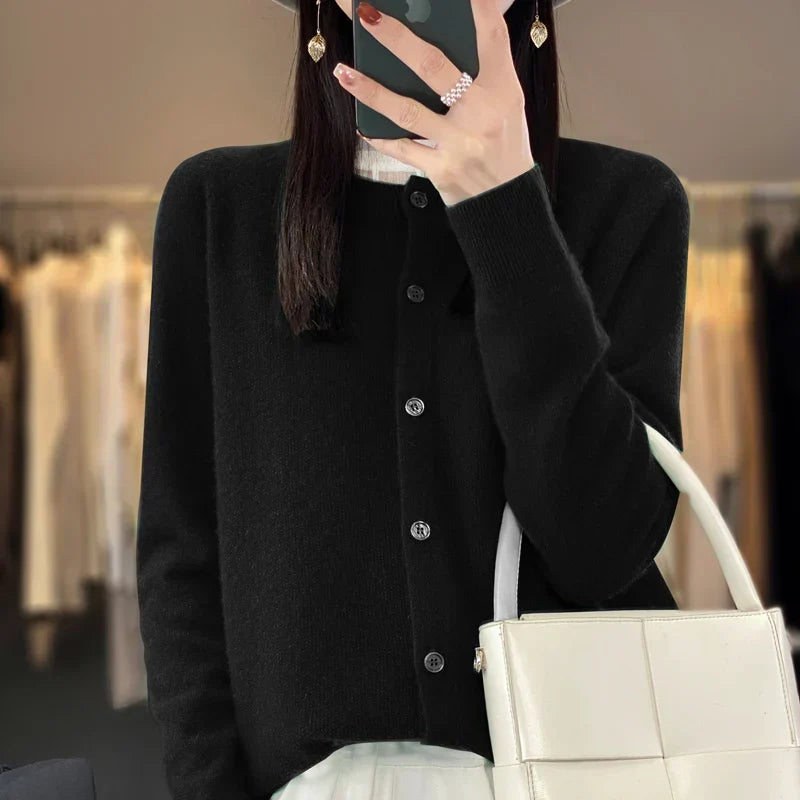 Comfortable Cardigan Sweater for Women with Round Neck Long Sleeve Button Front Relaxed Knit Style